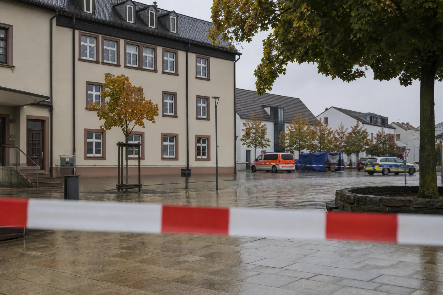 Symbolbild: Abgesperrter Bereich vor einem Rathaus nach einem Polizeieinsatz.