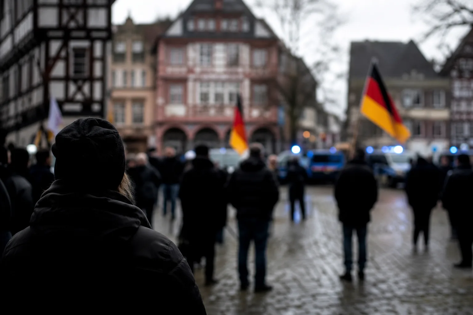 Symbolbild: Eine politische Kundgebung auf einem Stadtplatz steht für die aufgeheizte Debatte um die AfD.