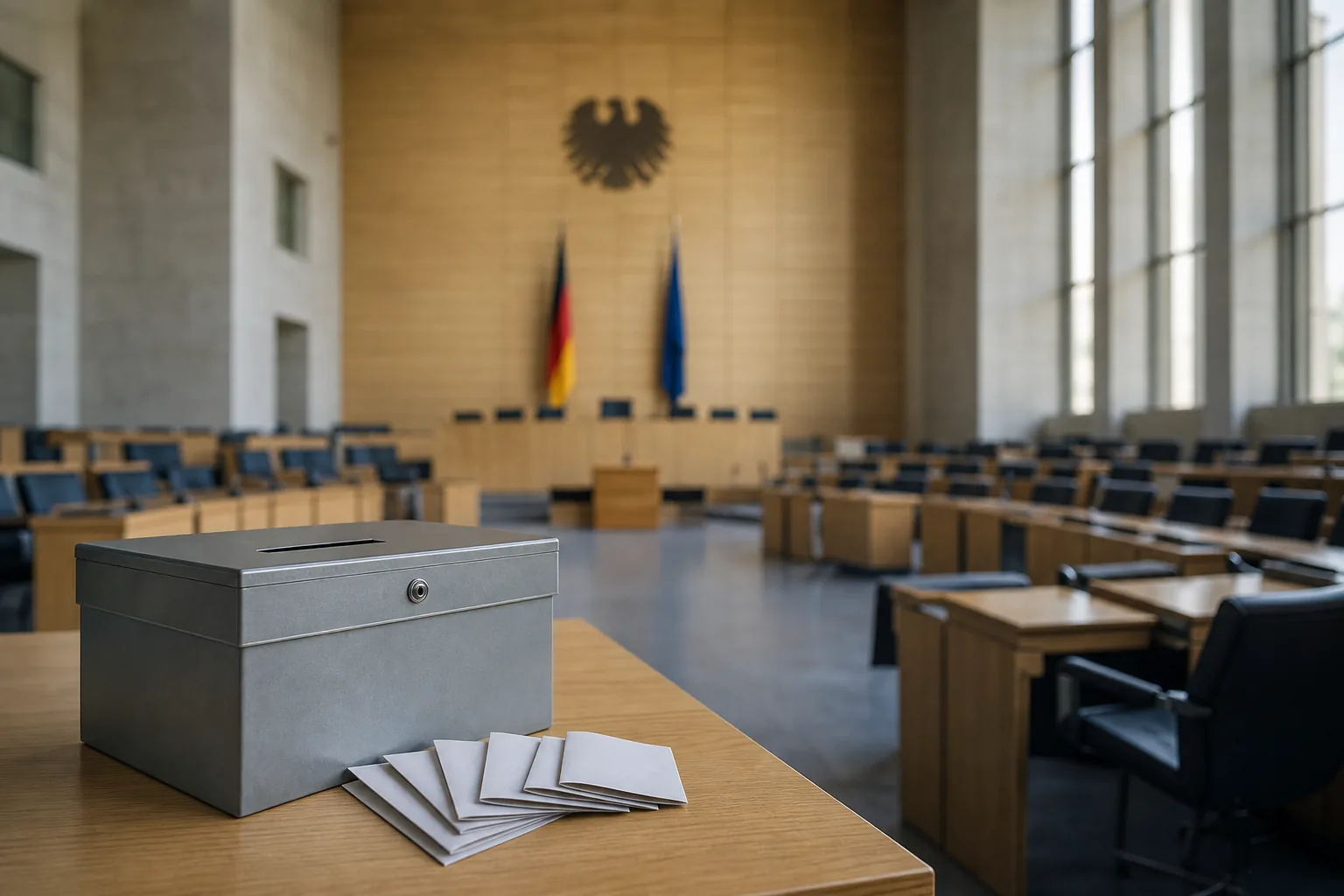 Symbolbild: Eine leere Parlamentskulisse mit Wahlurne steht für die umstrittene Abstimmung im Landtag.