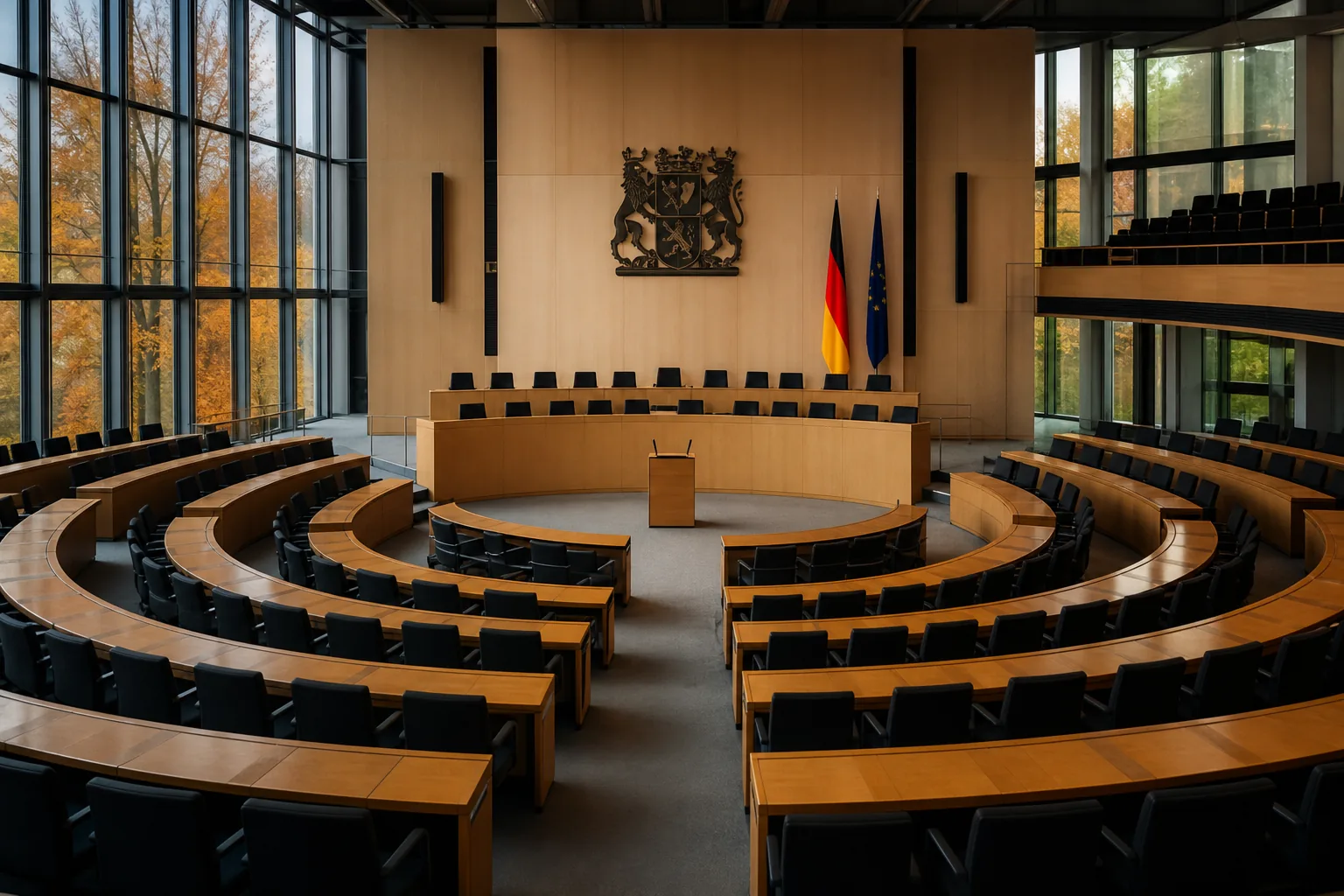 Symbolbild: Ein leerer Plenarsaal steht für die angespannte Mehrheitslage im neuen Landtag von Sachsen-Anhalt.