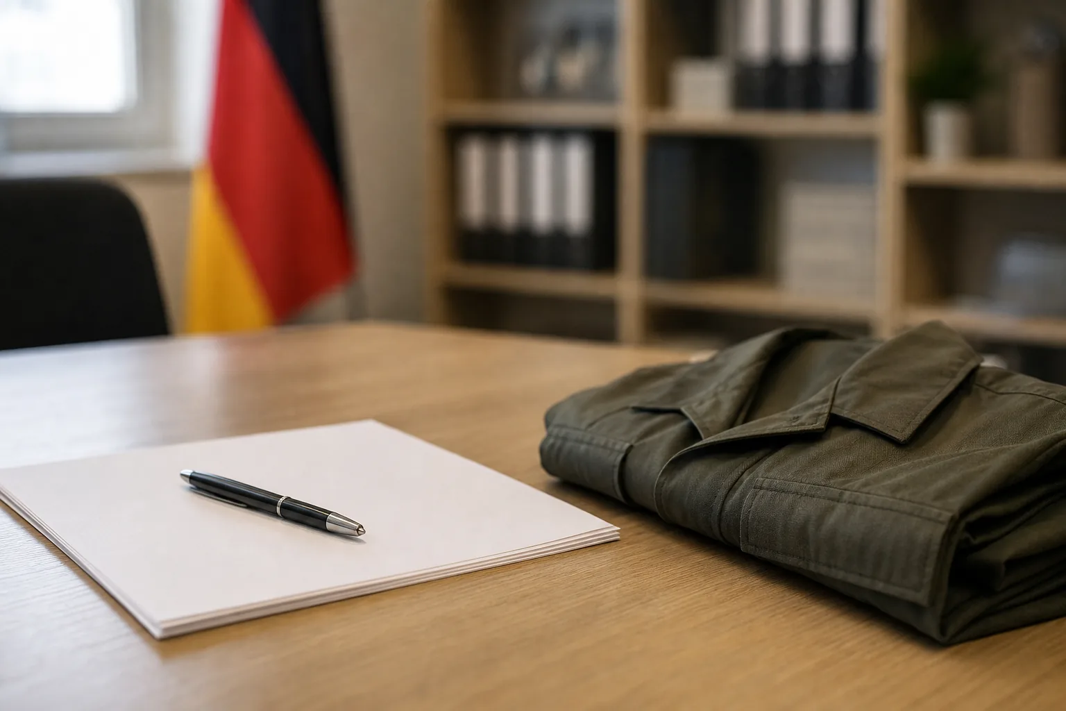 Symbolbild: Formulare und eine neutrale Uniformjacke stehen für die Debatte über Wehrdienst und Kriegsdienstverweigerung.