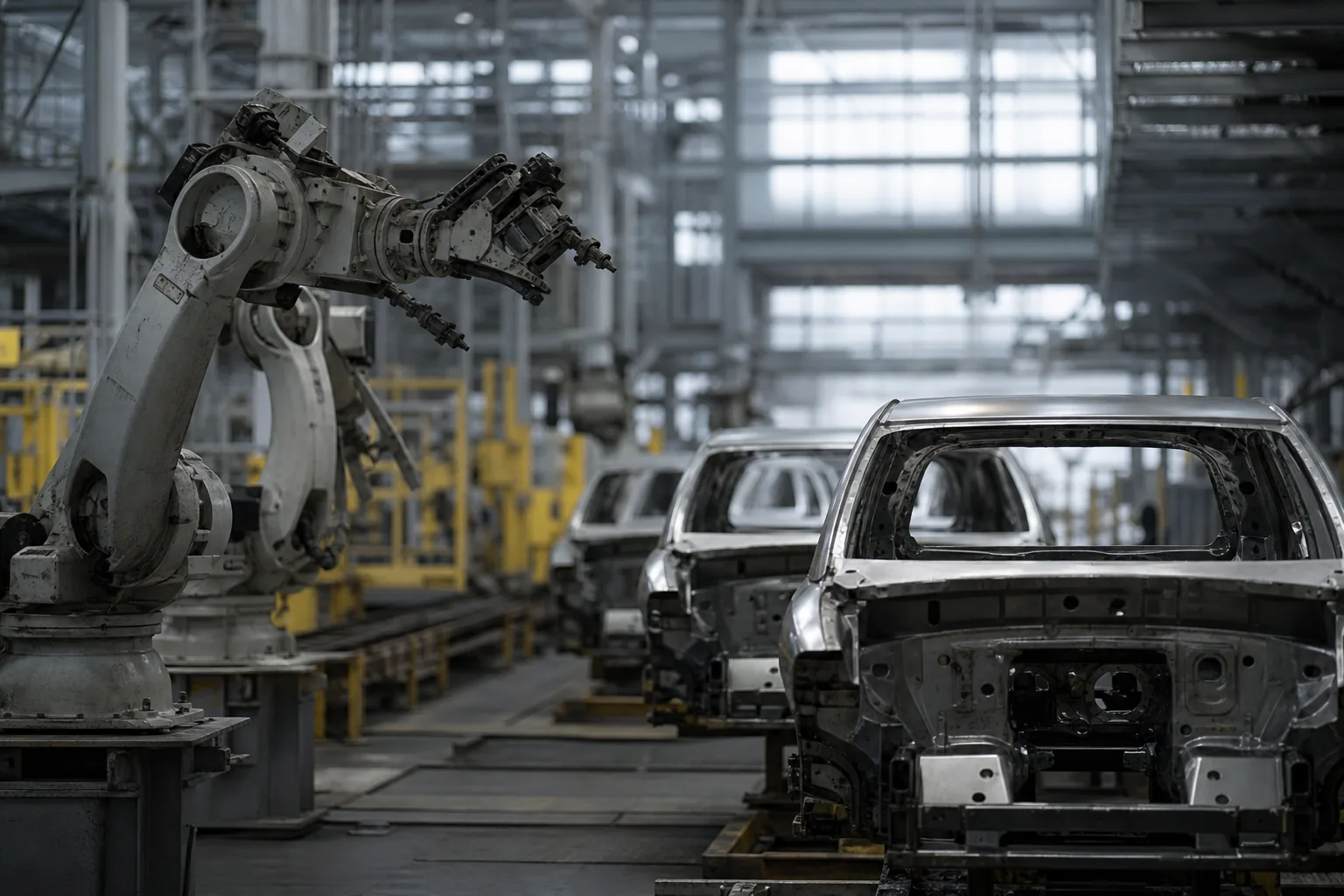 Symbolbild: Roboterarme in einer modernen Fabrikhalle stehen für den Druck auf Industrie und Automatisierung.