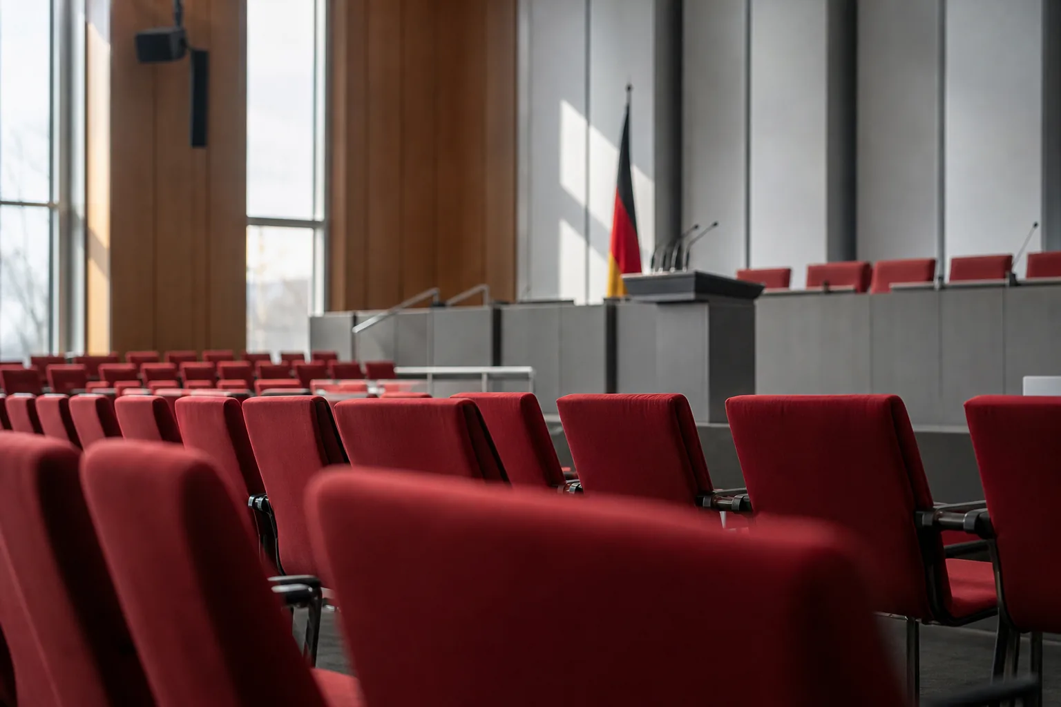 Symbolbild: Ein leerer Parteitagssaal steht für die Neuaufstellung der SPD nach dem Rücktritt von Bärbel Bas.