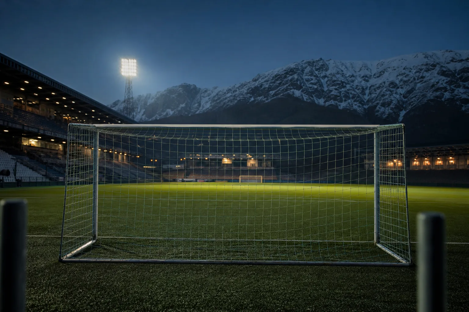 Symbolbild: Ein Fußballtor unter Flutlicht steht für einen Champions-League-Abend.