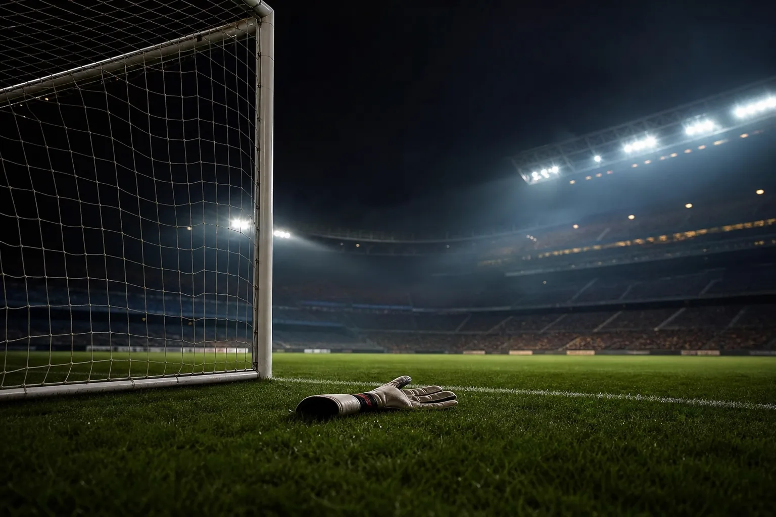 Symbolbild: Torwarthandschuhe vor einem leeren Fußballtor stehen für die aktuelle Debatte beim FC Bayern.