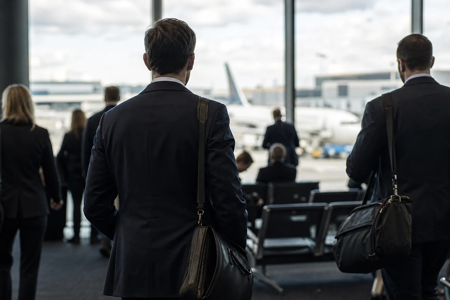 Symbolbild: Geschäftsreisende an einem Flughafen stehen für den Einsatz von Fachkräften an internationalen Produktionsstandorten.