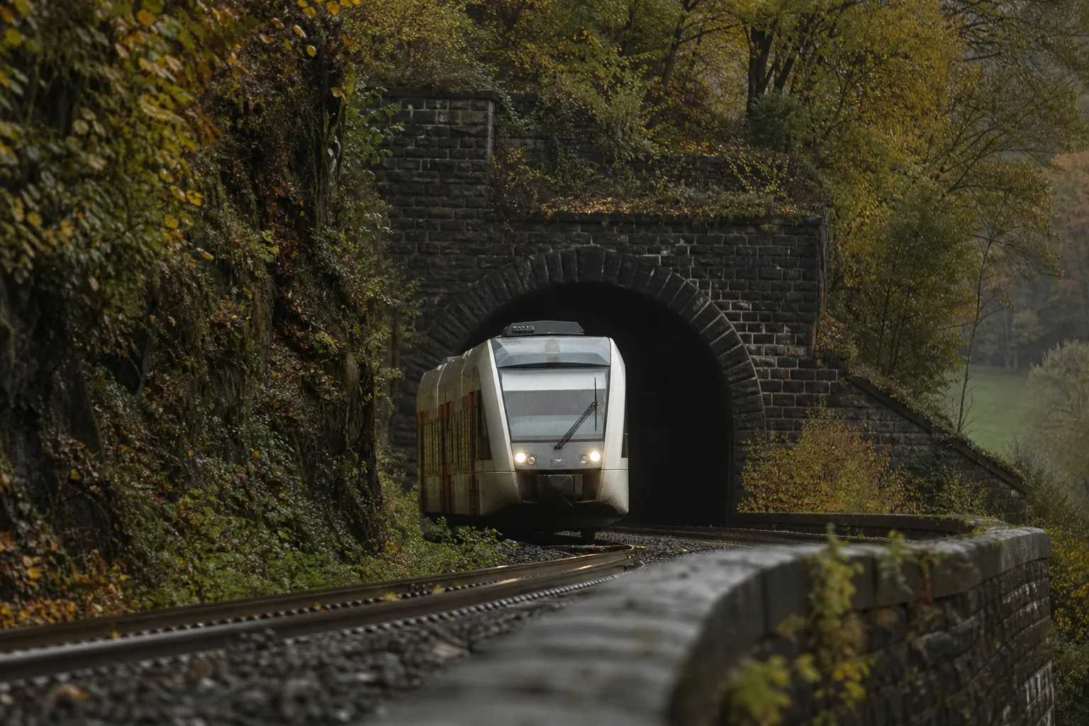Symbolbild: Ein Regionalzug fährt in einen Tunnel in einer bewaldeten Mittelgebirgslandschaft.
