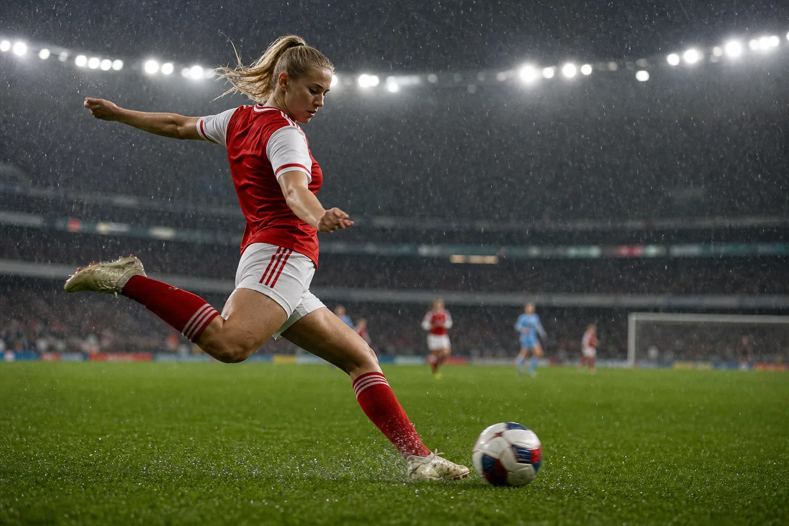 Symbolbild: Eine Fußballspielerin schießt in einem beleuchteten Stadion auf das Tor.