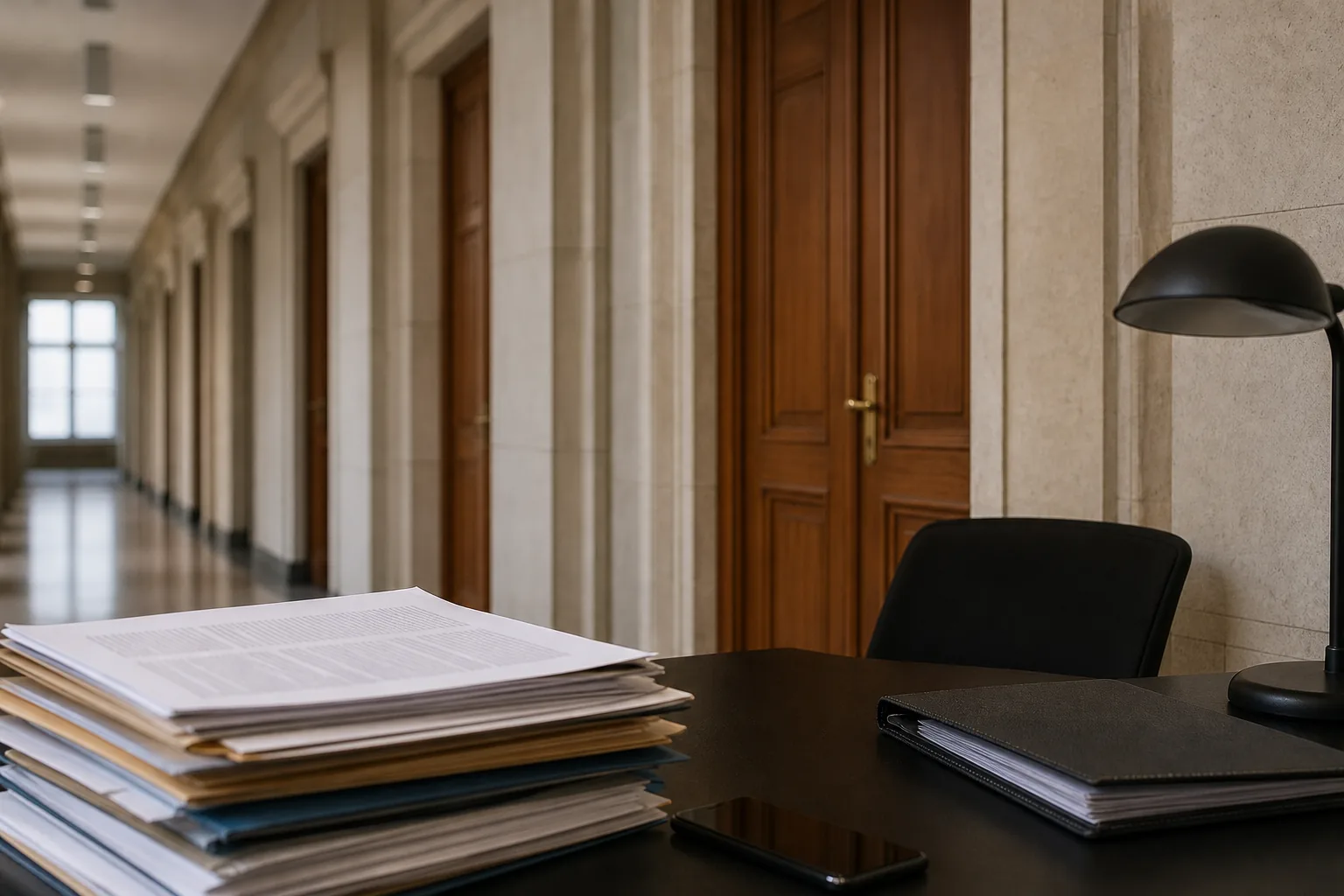 Symbolbild: Ein Büroflur und Unterlagen stehen für Ermittlungen im politischen Umfeld.