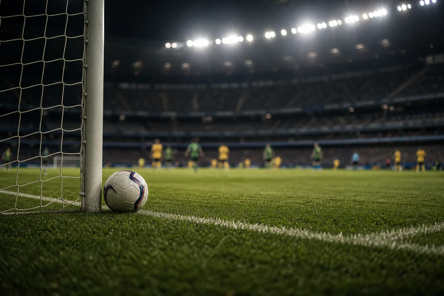Symbolbild: Ein Fußball liegt unter Flutlicht nahe der Torlinie in einem Stadion.
