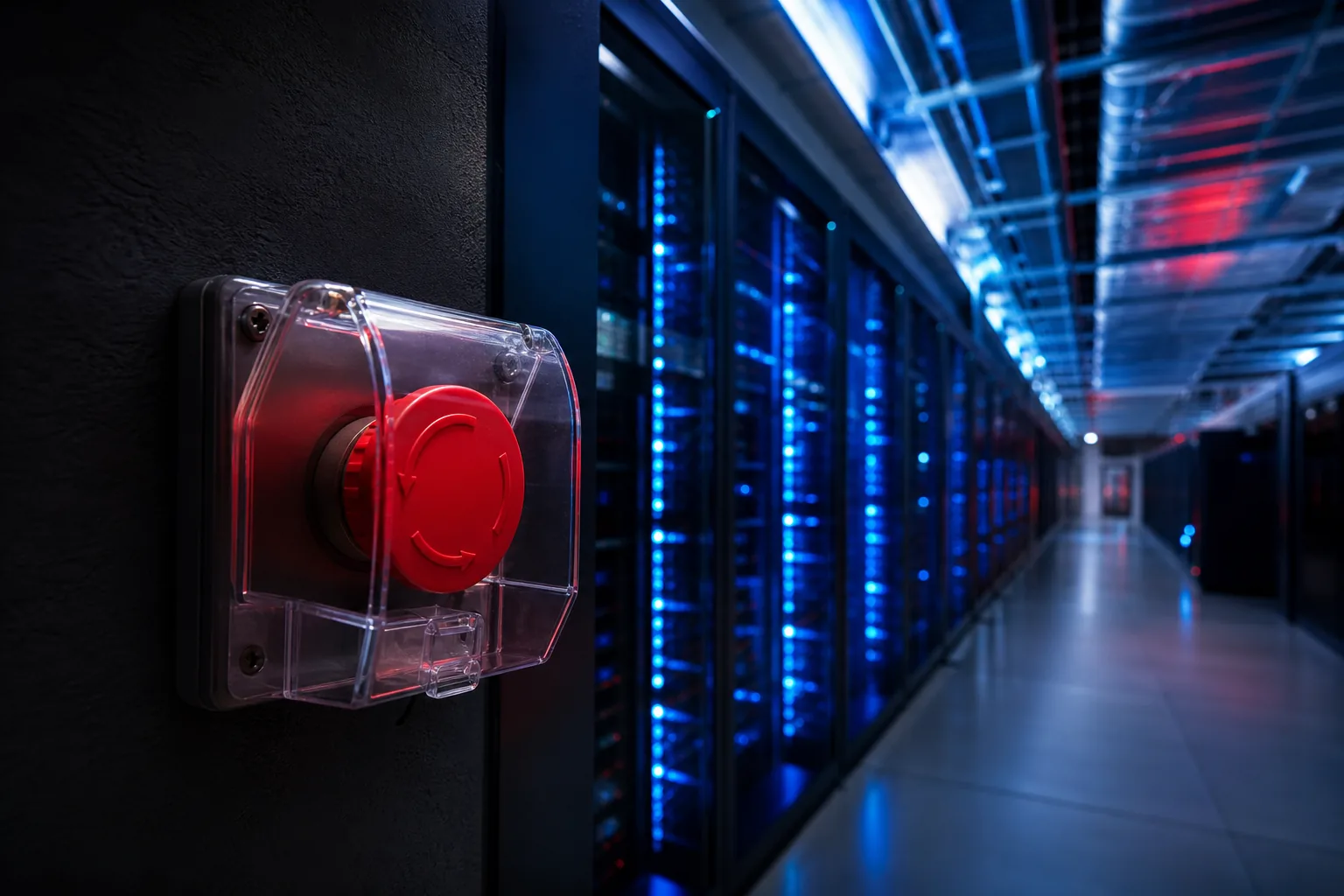Symbolbild: Ein abgesicherter KI-Serverraum mit Not-Aus-Schalter steht für die Debatte über Kontrolle und Haftung bei künstlicher Intelligenz.