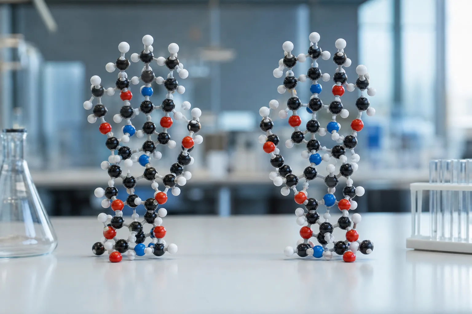 Symbolbild: Spiegelbildliche Molekülformen stehen für das Prinzip der Chiralität in der Chemie.