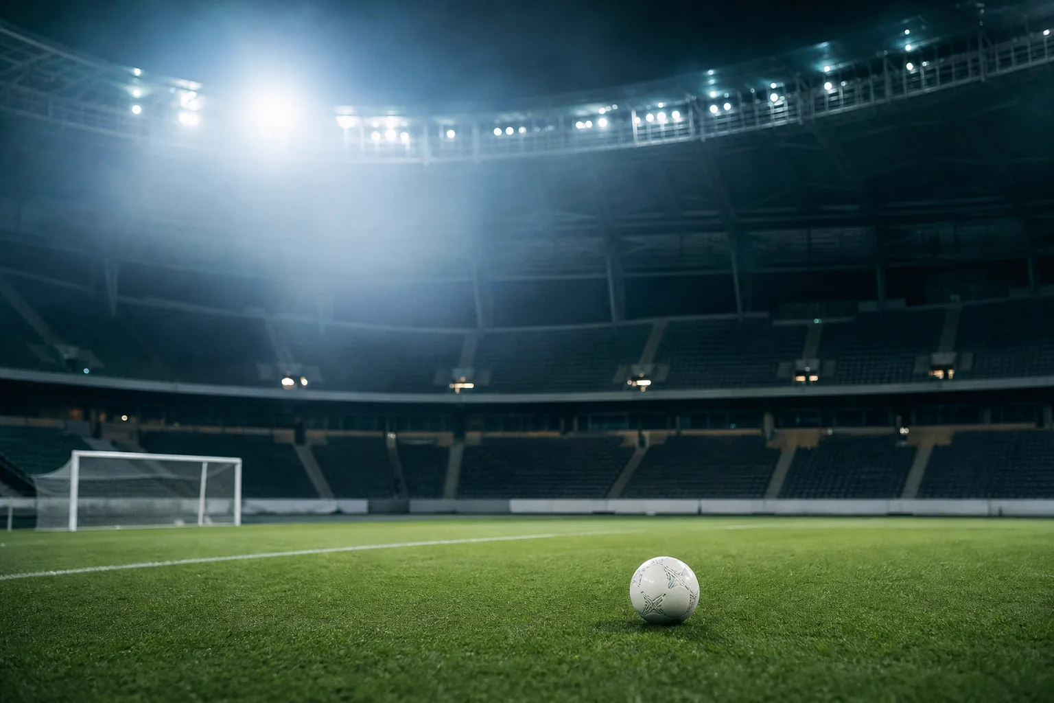 Symbolbild: Ein Fußball liegt in einem leeren Stadion unter Flutlicht.