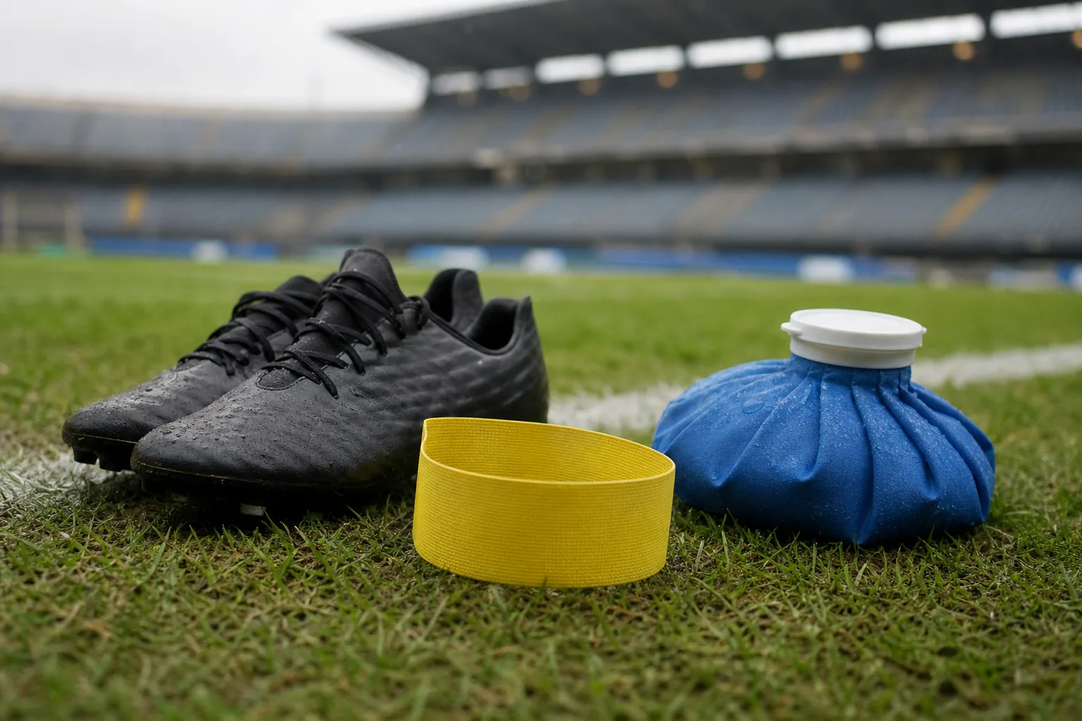 Symbolbild: Ein leerer Spielfeldrand mit Fußballschuhen und Kühlpack steht für einen verletzungsbedingten Ausfall.