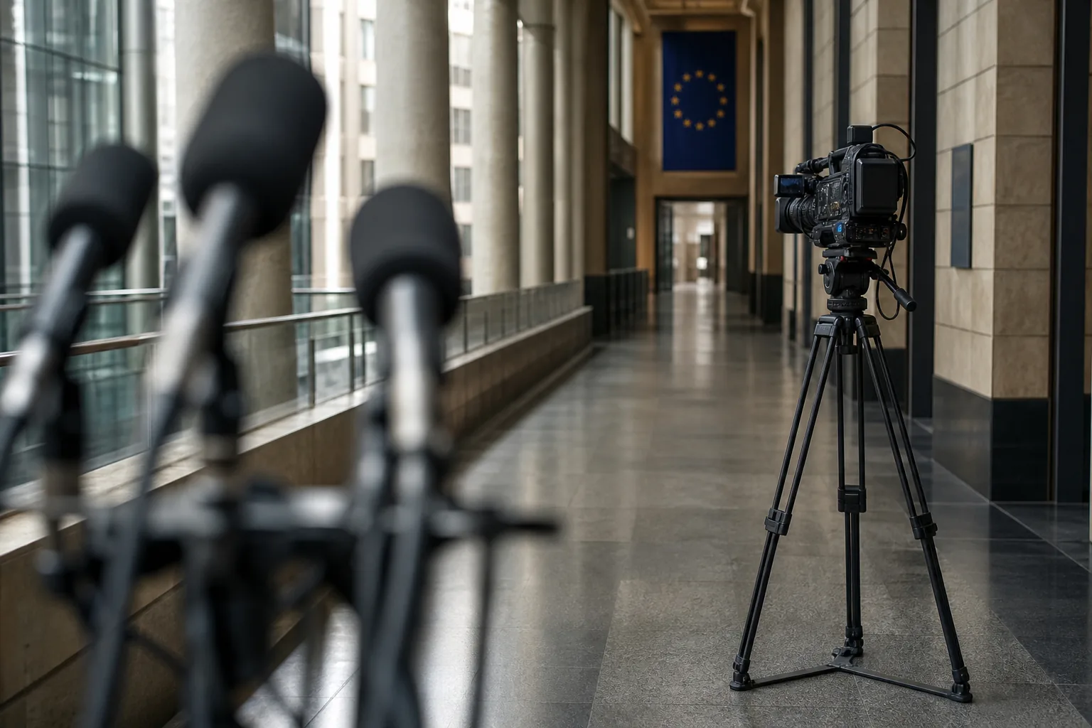 Symbolbild: Ein Kameraset in einem Parlamentsflur steht für die Debatte über journalistische Arbeit in politischen Räumen.