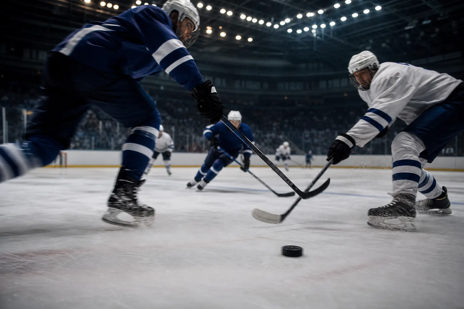 Symbolbild: Ein intensives Eishockeyspiel unter Flutlicht steht für den torreichen NHL-Auftritt der Edmonton Oilers.