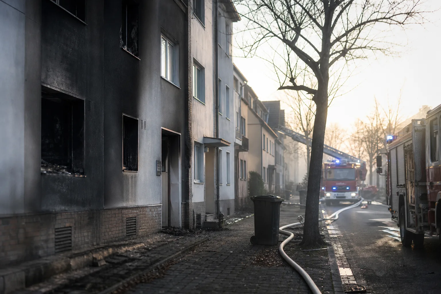 Symbolbild: Ein schwer beschädigtes Wohnhaus nach einem Feuer in einer deutschen Stadt.