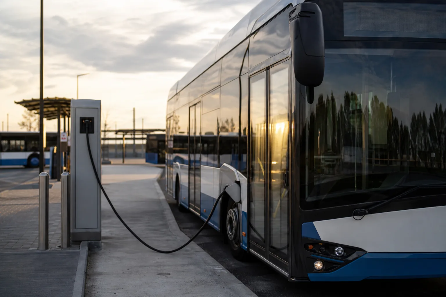 Symbolbild: Ein Elektrobus an einer Ladestation steht für den langsamen Wandel im städtischen Nahverkehr.