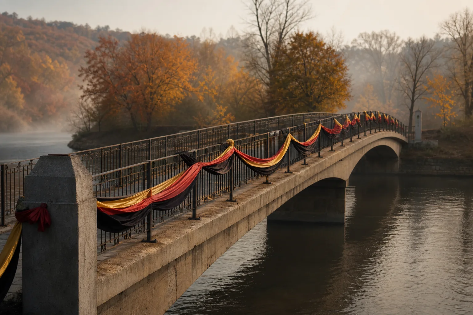 Symbolbild: Eine Brücke mit schwarz-rot-goldenen Farbakzenten steht für die anhaltende Suche nach Gemeinsamkeit zwischen Ost und West.