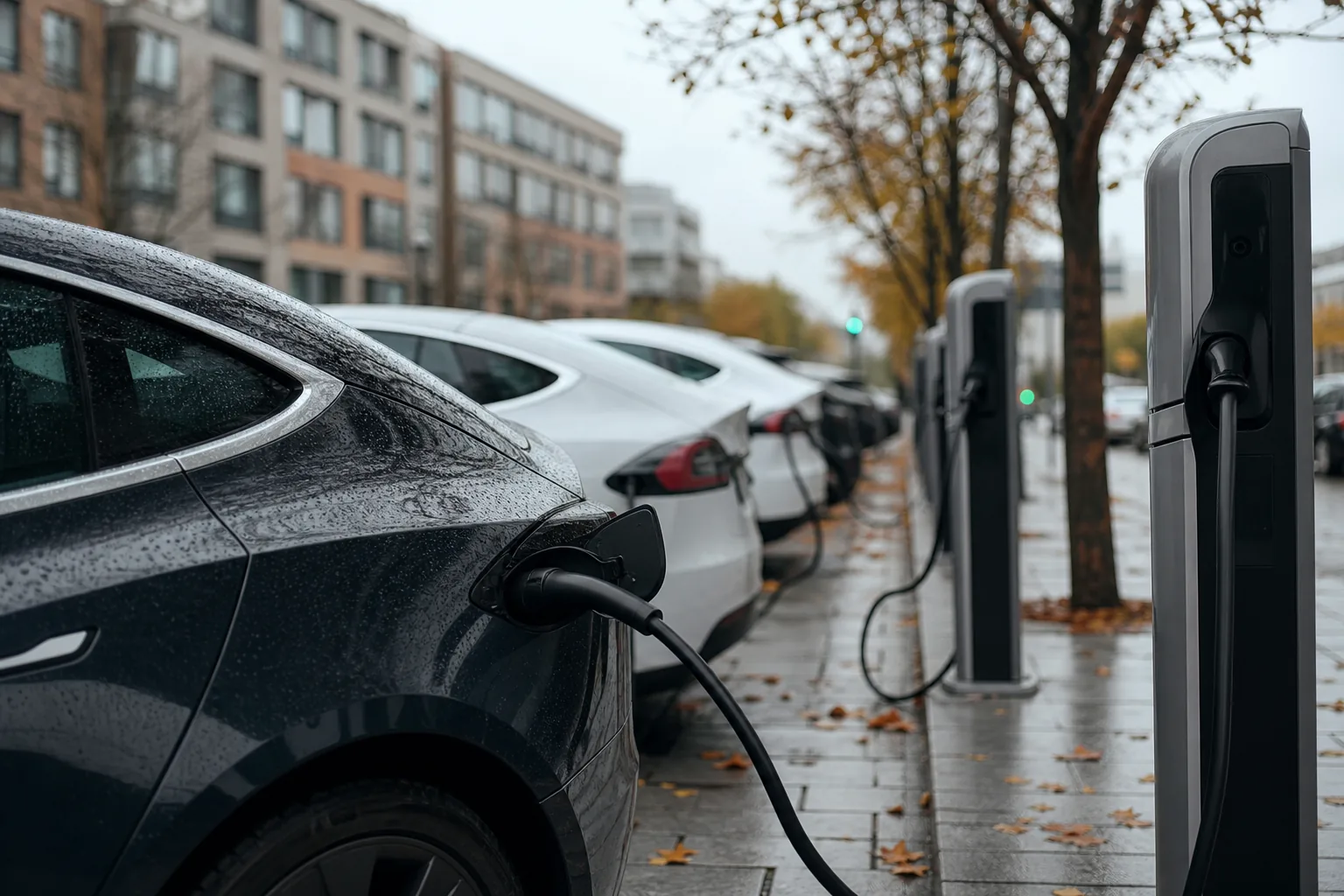 Symbolbild: Elektroautos an Ladesäulen stehen für den wachsenden Marktanteil batteriebetriebener Fahrzeuge.