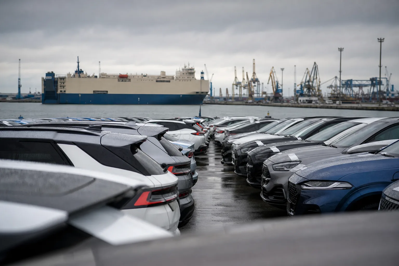 Symbolbild: Plug-in-Hybride in einem europäischen Hafen stehen für den Streit um Autoimporte aus China.