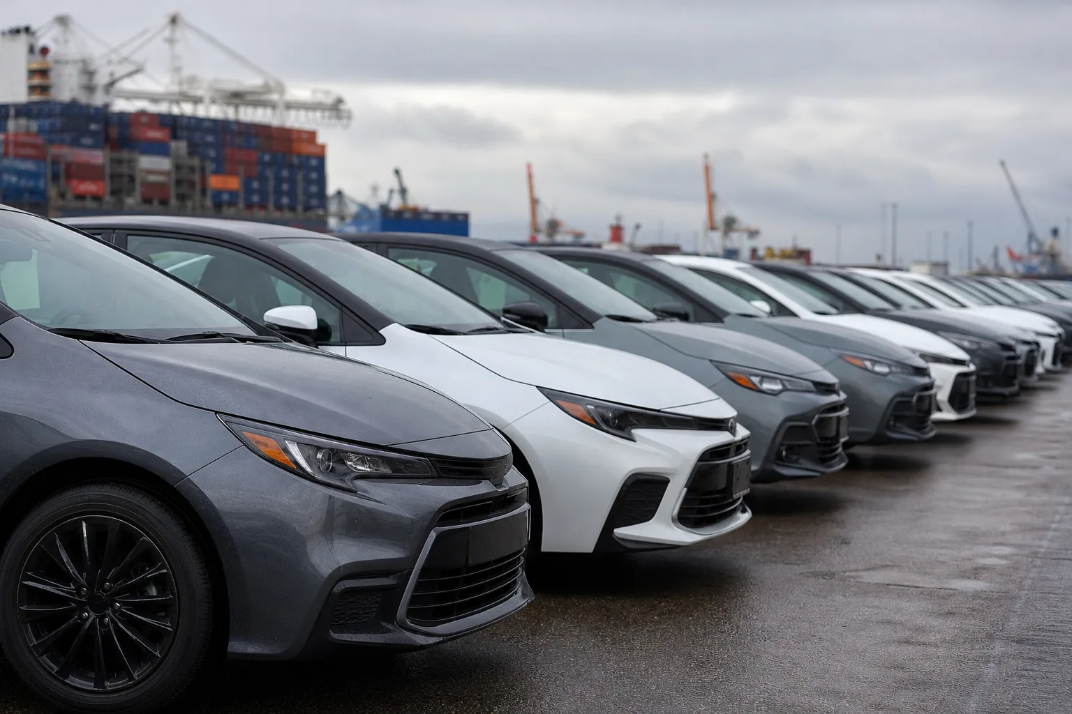 Symbolbild: Hybridautos in einem europäischen Hafen stehen für den Handelsstreit zwischen EU und China.