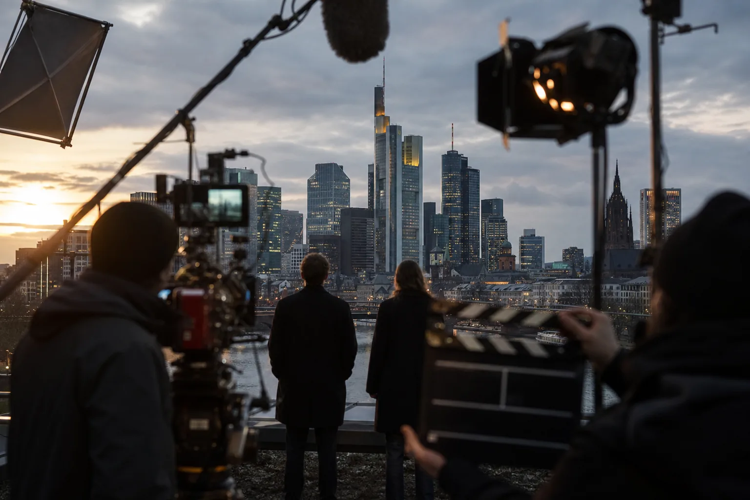 Symbolbild: Ein Filmset vor einer Frankfurter Stadtkulisse steht für den prominenten Neuzugang bei der ARD-Serie.