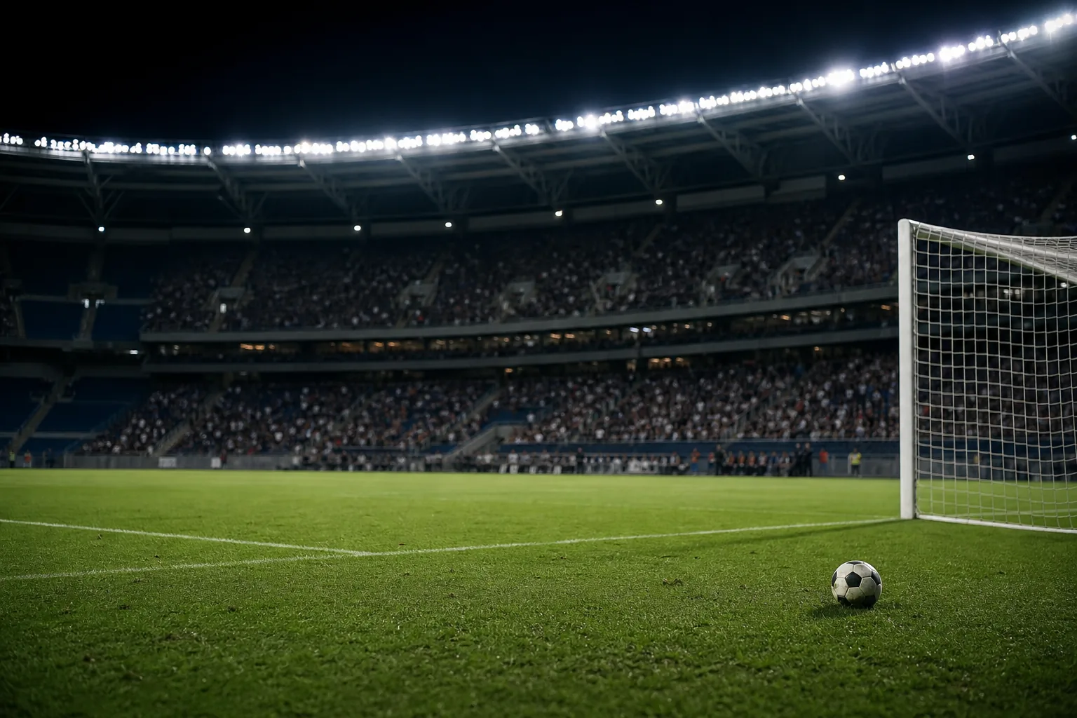 Symbolbild: Ein Fußballstadion unter Flutlicht nach einem engen Bundesligaspiel.