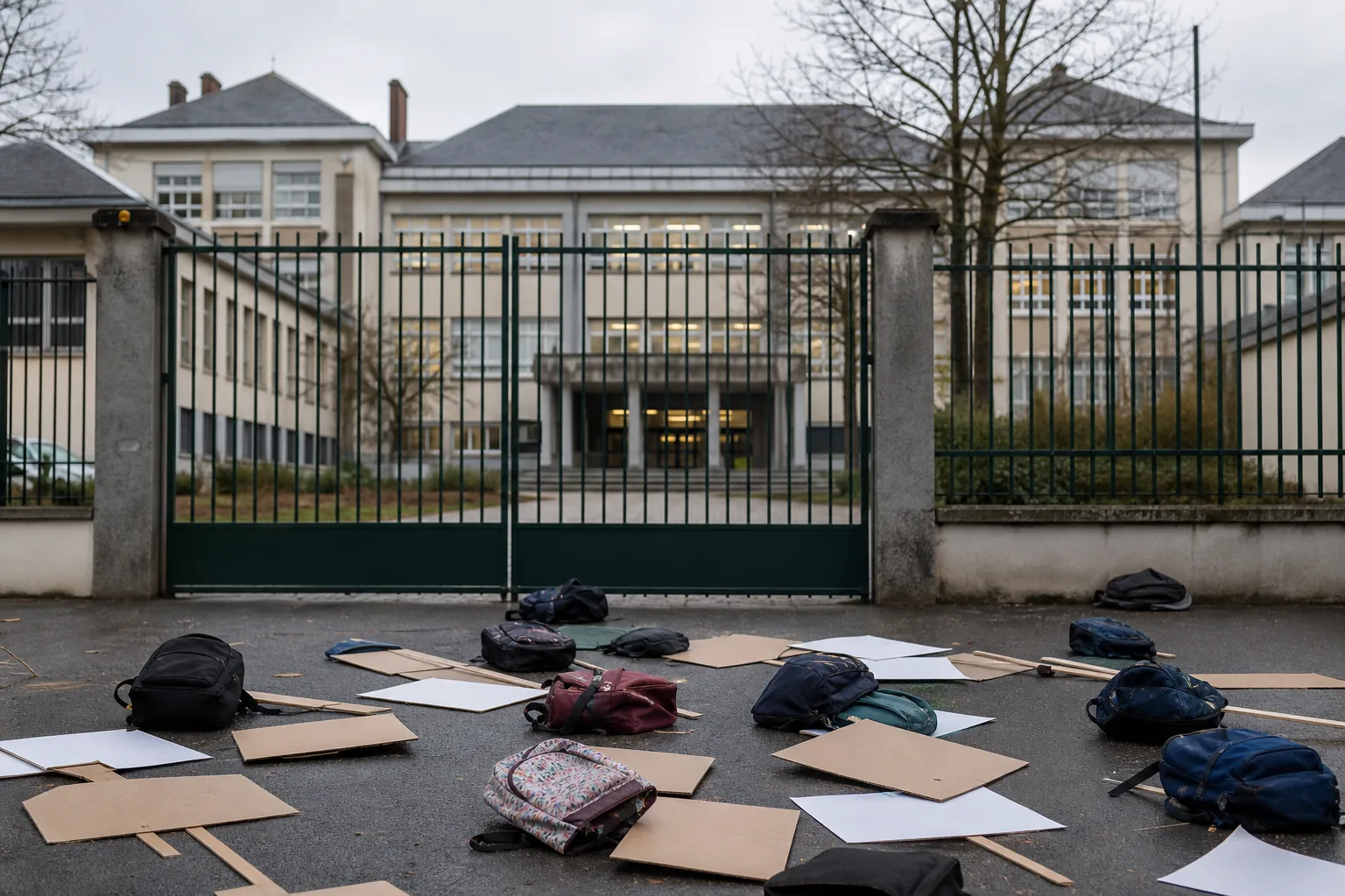 Symbolbild: Vor einem Gymnasium liegen leere Protestschilder und Schultaschen.