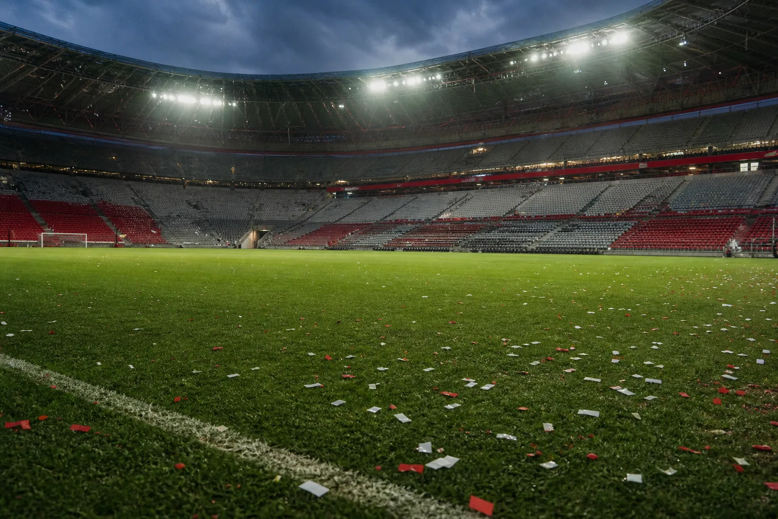 Symbolbild: Ein leeres Fußballstadion unter Flutlicht nach einem aufgeladenen Bundesliga-Spiel.