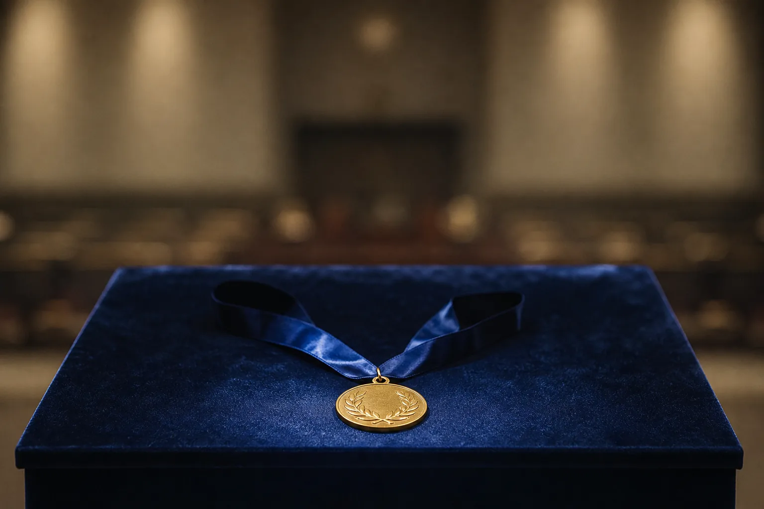 Symbolbild: Eine Medaille auf einem Podium steht für die Vergabe der Nobelpreise.