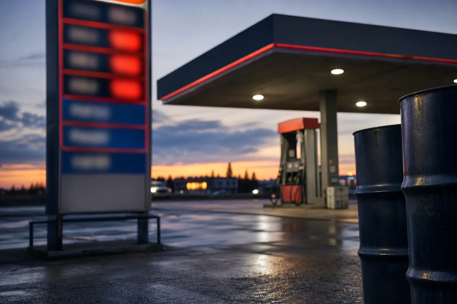 Symbolbild: Eine Tankstelle und Ölfässer stehen für den Streit über Energiepreise und Reserven.