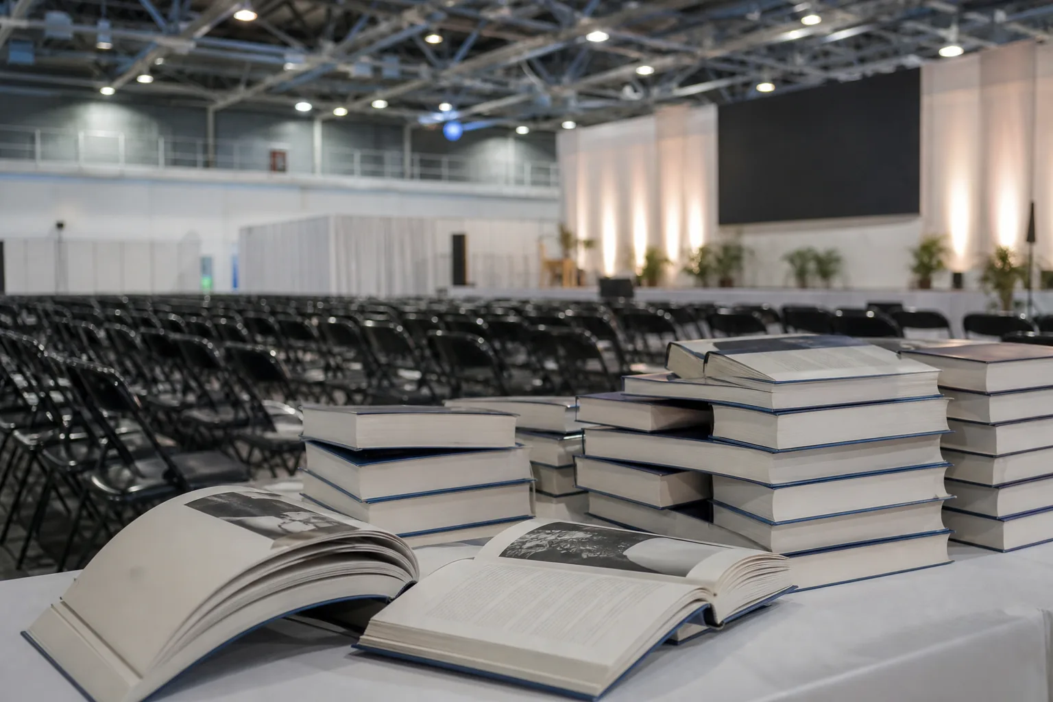 Symbolbild: Eine leere Bühne mit Büchern steht für Debatten auf der Frankfurter Buchmesse.
