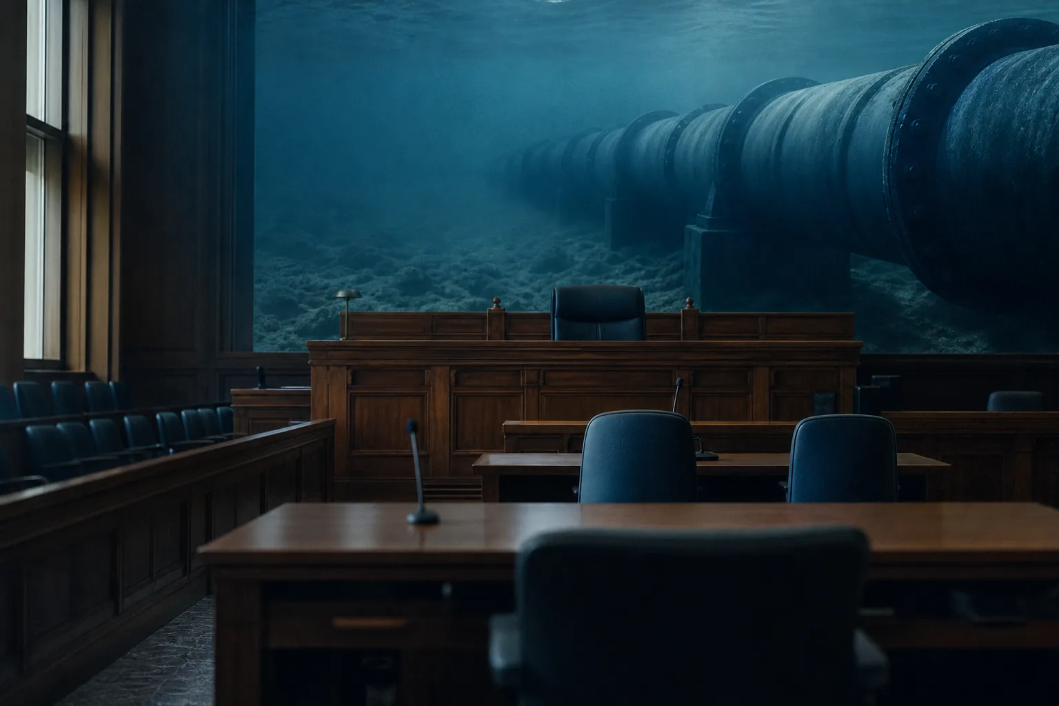 Symbolbild: Ein leerer Gerichtssaal steht für den Prozess zur Sprengung der Nord-Stream-Pipelines.