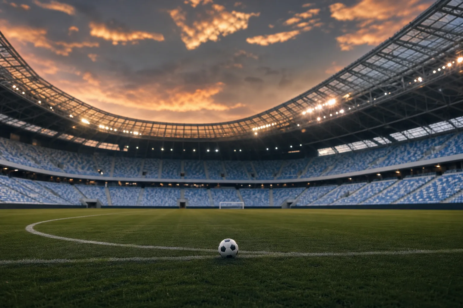 Symbolbild: Ein Fußball liegt in einem beleuchteten Stadion und steht für Herthas Lauf an der Tabellenspitze.