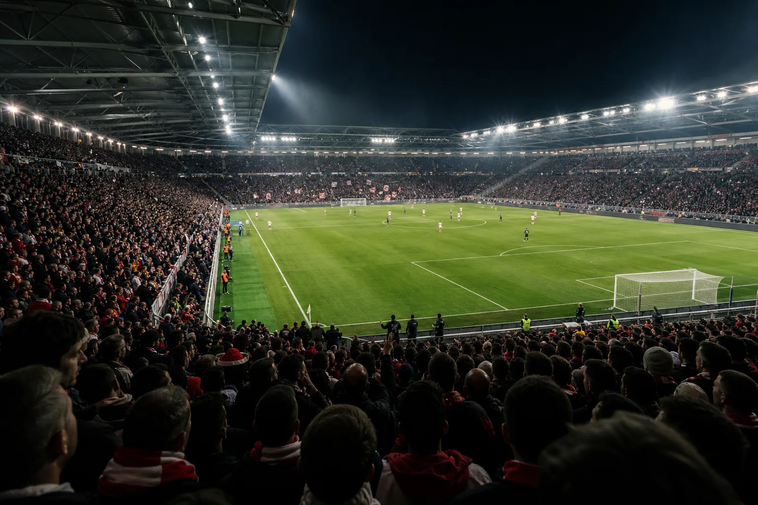Symbolbild: Ein Fußballstadion bei einem europäischen Abendspiel unter Flutlicht.