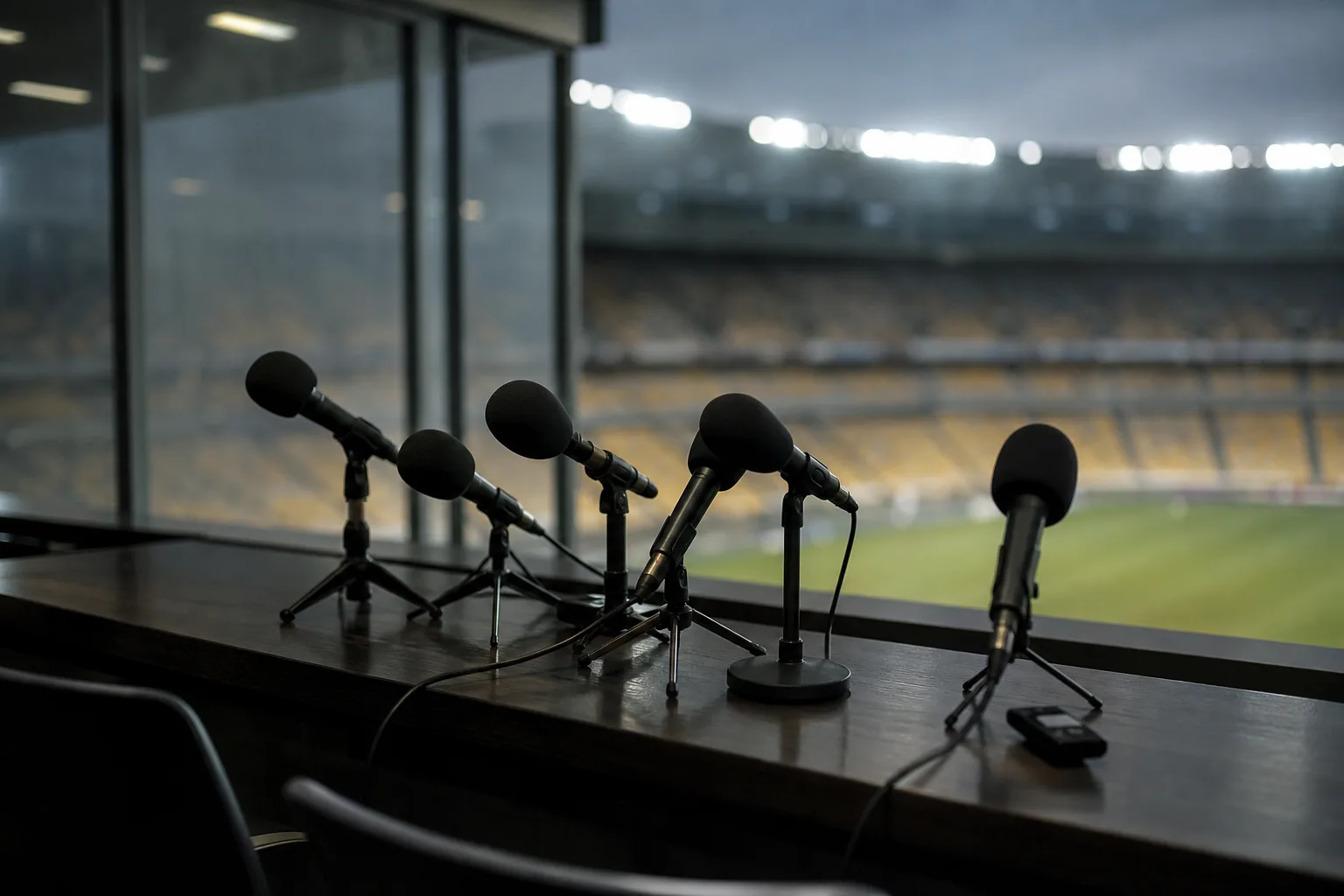 Symbolbild: Eine leere Pressekonferenz vor einem Fußballspiel steht für die angespannte Lage rund um das Duell zwischen Irland und Israel.