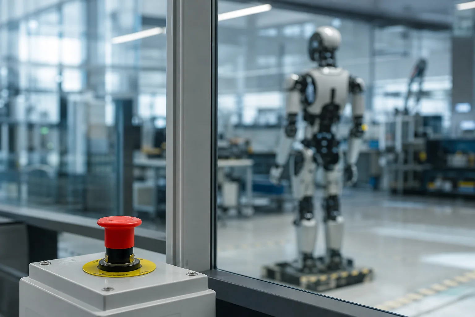 Symbolbild: Ein Notaus-Schalter vor einer Roboterzelle steht für die Debatte über Kontrolle und Begrenzung von KI-Systemen.
