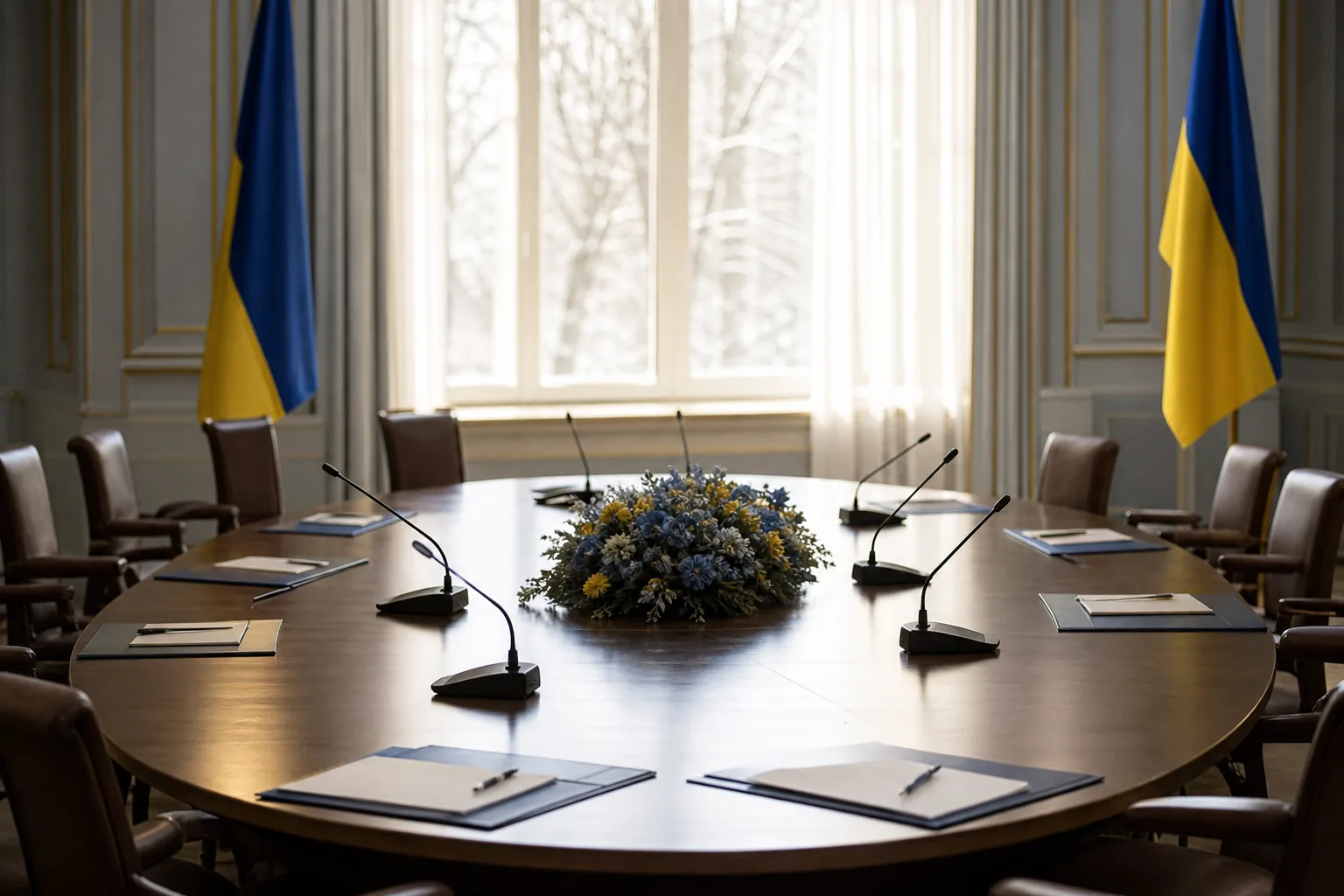 Symbolbild: Ein leerer Verhandlungssaal steht für die diplomatischen Gespräche über den Ukraine-Krieg.