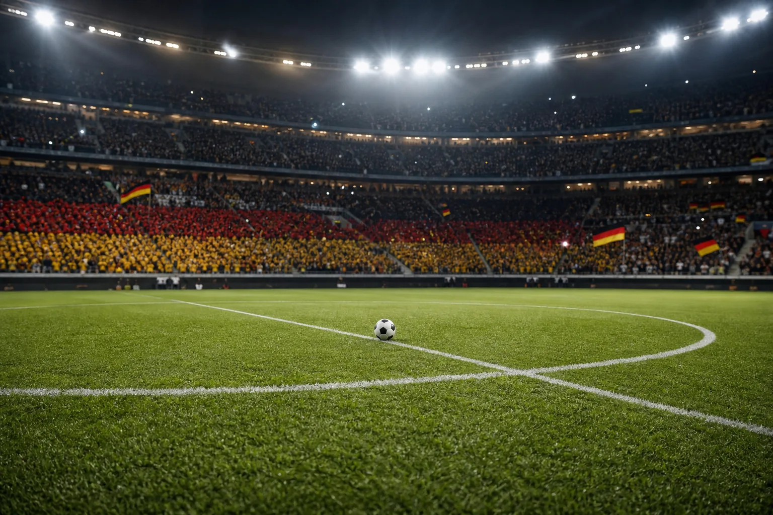 Symbolbild: Flutlichtstimmung in einem Fußballstadion vor einem Länderspiel.