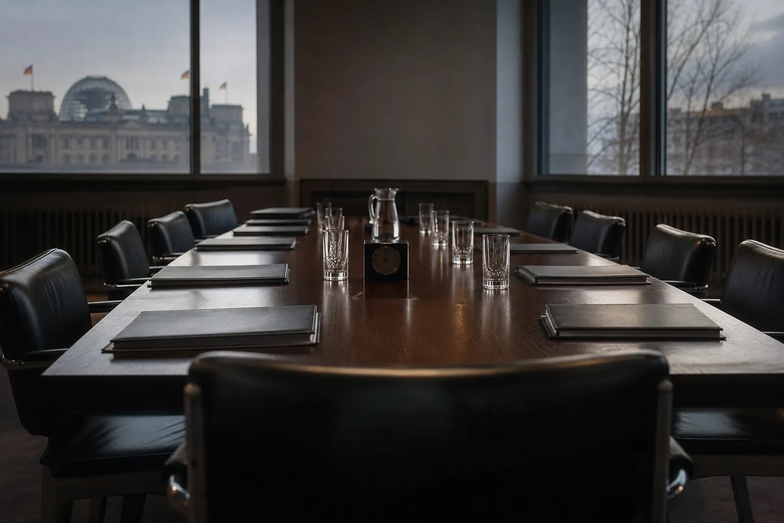 Symbolbild: Ein leerer Sitzungstisch steht für die schwierigen Beratungen der Koalitionsspitzen.