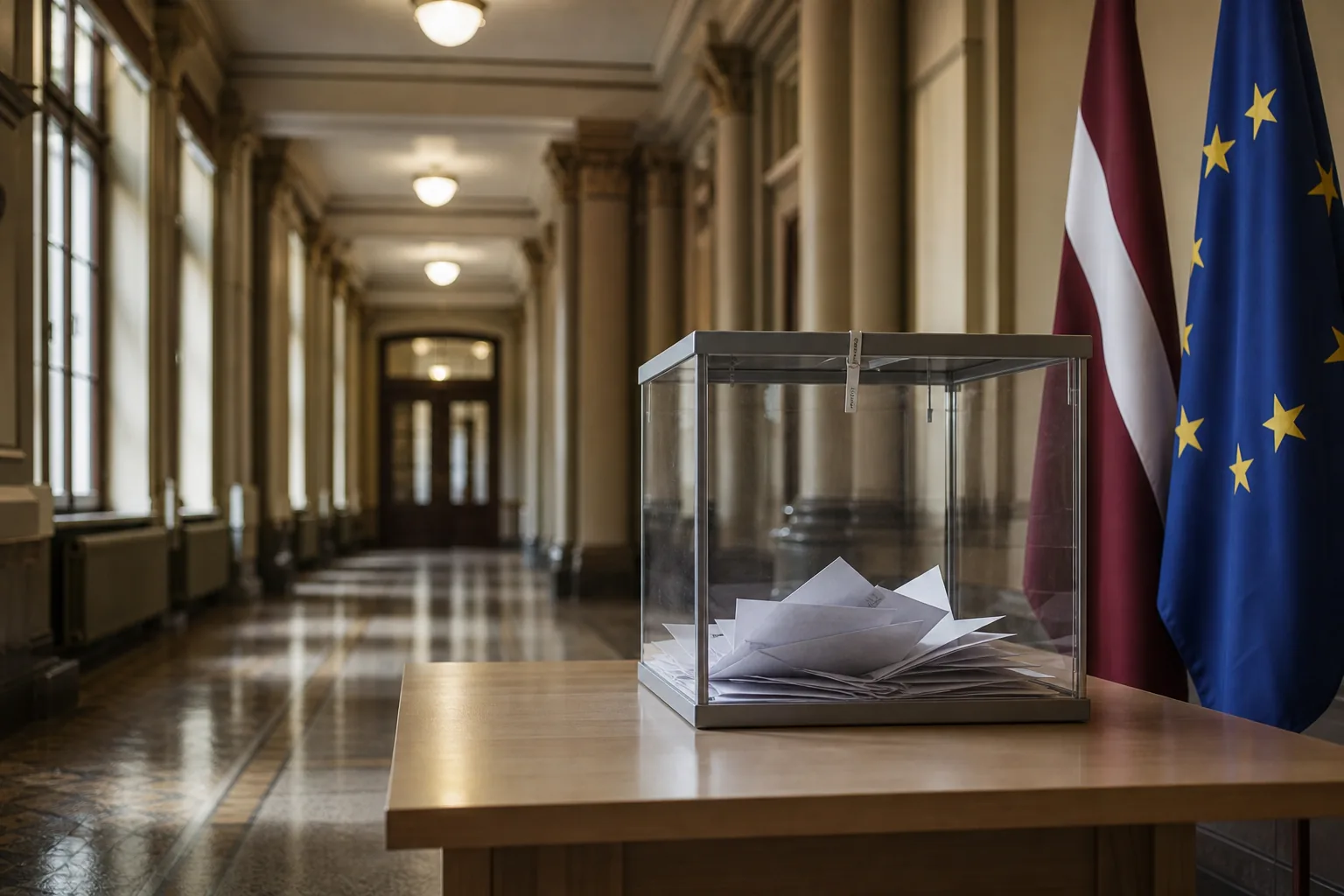 Symbolbild: Eine Wahlurne in einem Regierungsgebäude steht für die Parlamentswahl in Lettland.