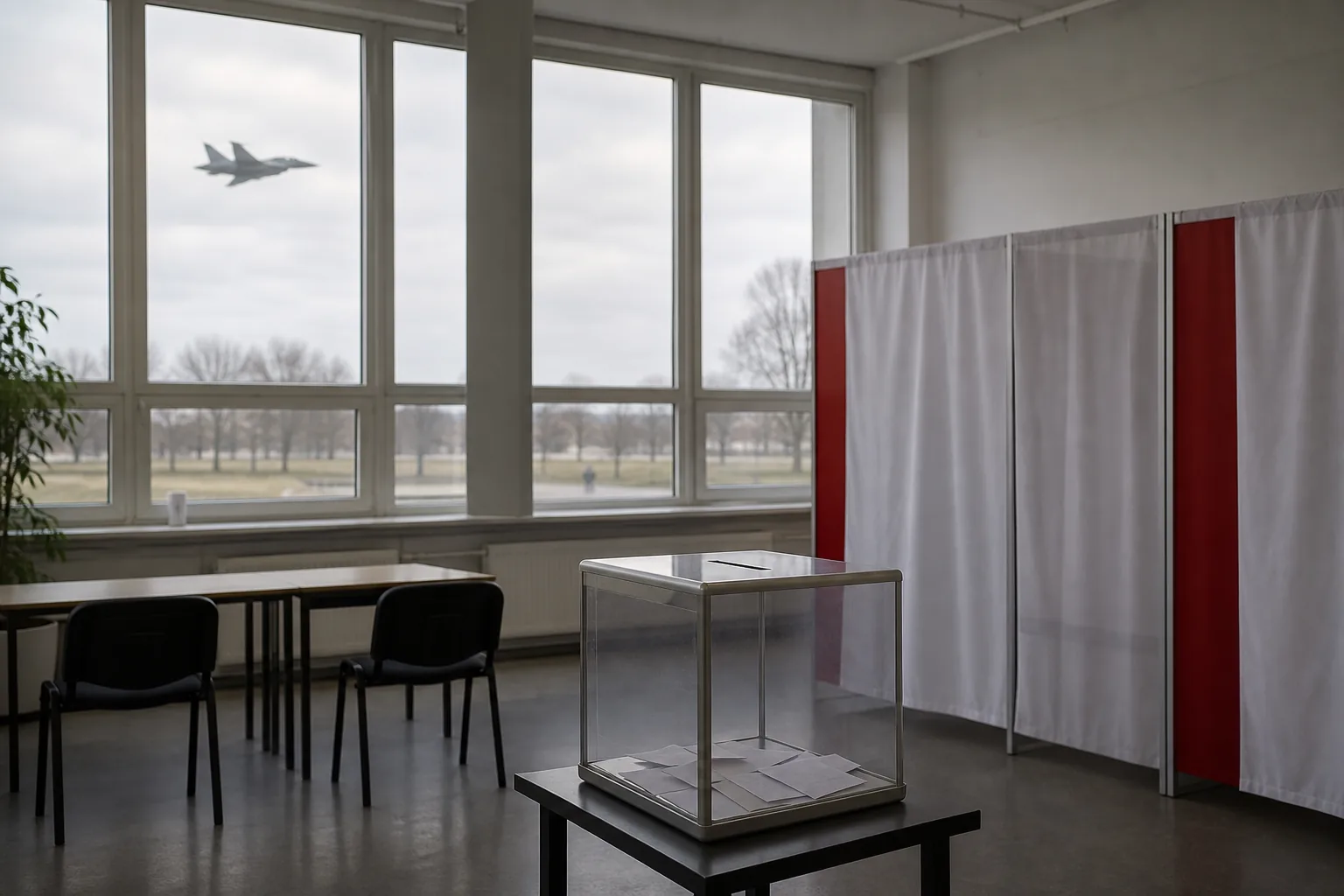 Symbolbild: Ein Wahllokal in Lettland unter bewölktem Himmel, am Himmel ein entferntes Kampfflugzeug.