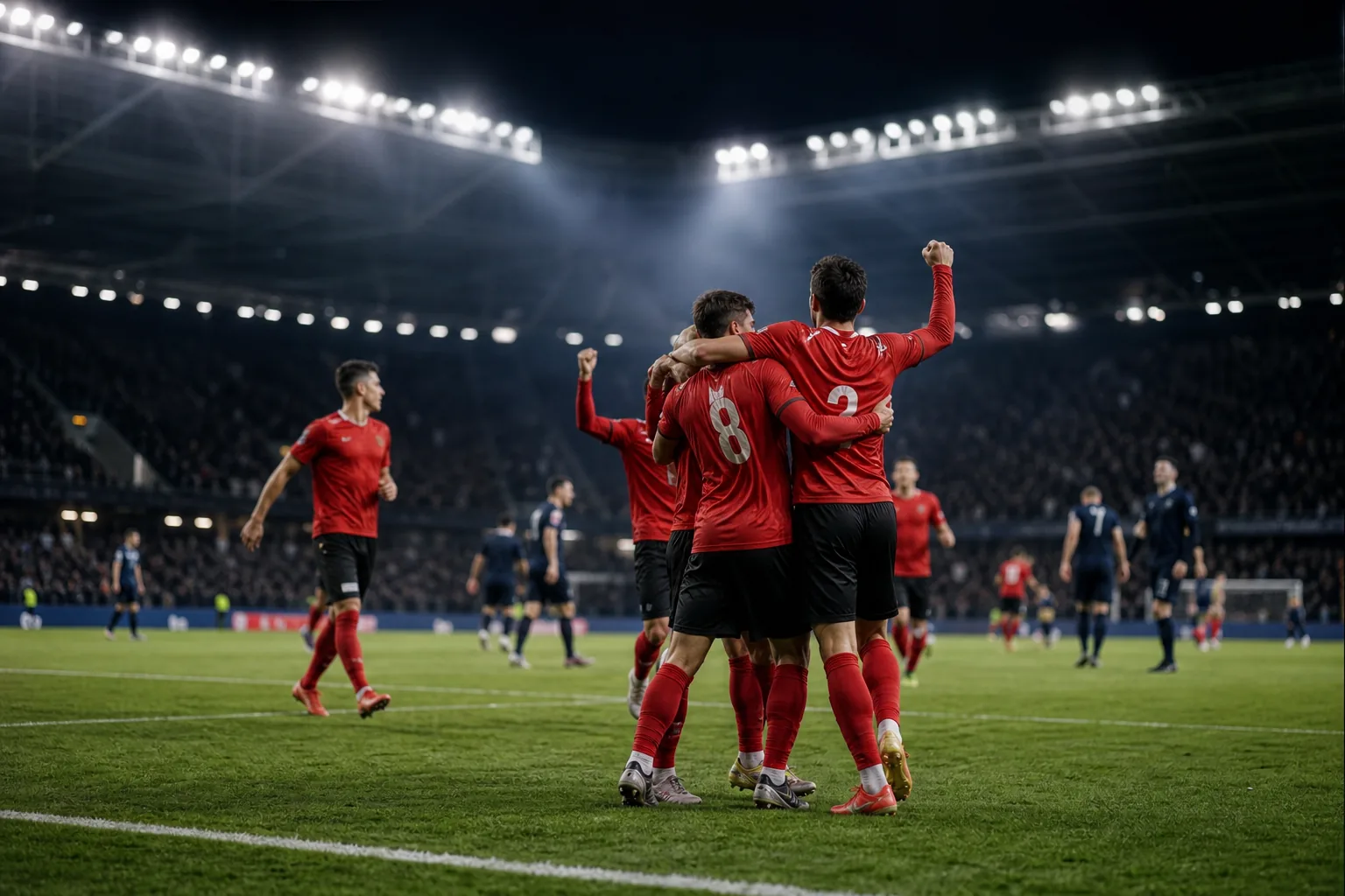 Symbolbild: Ein Fußballstadion unter Flutlicht steht für den Leverkusener Auswärtssieg im Europapokal.