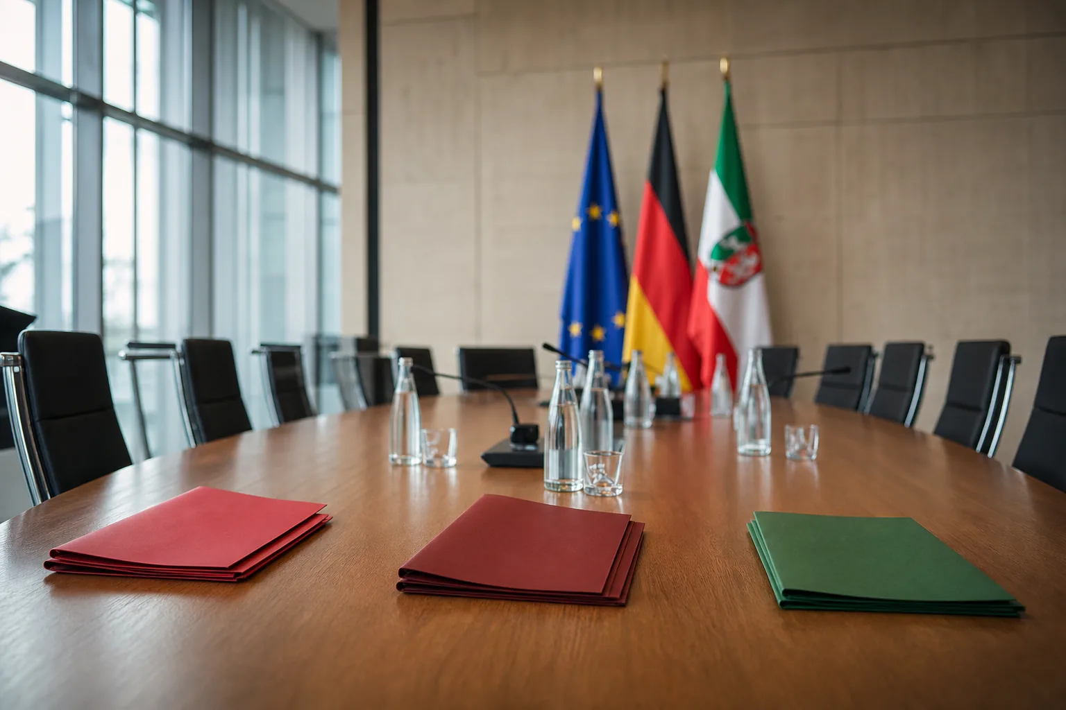Symbolbild: Ein vorbereiteter Verhandlungstisch steht für die möglichen Koalitionsgespräche in Mecklenburg-Vorpommern.