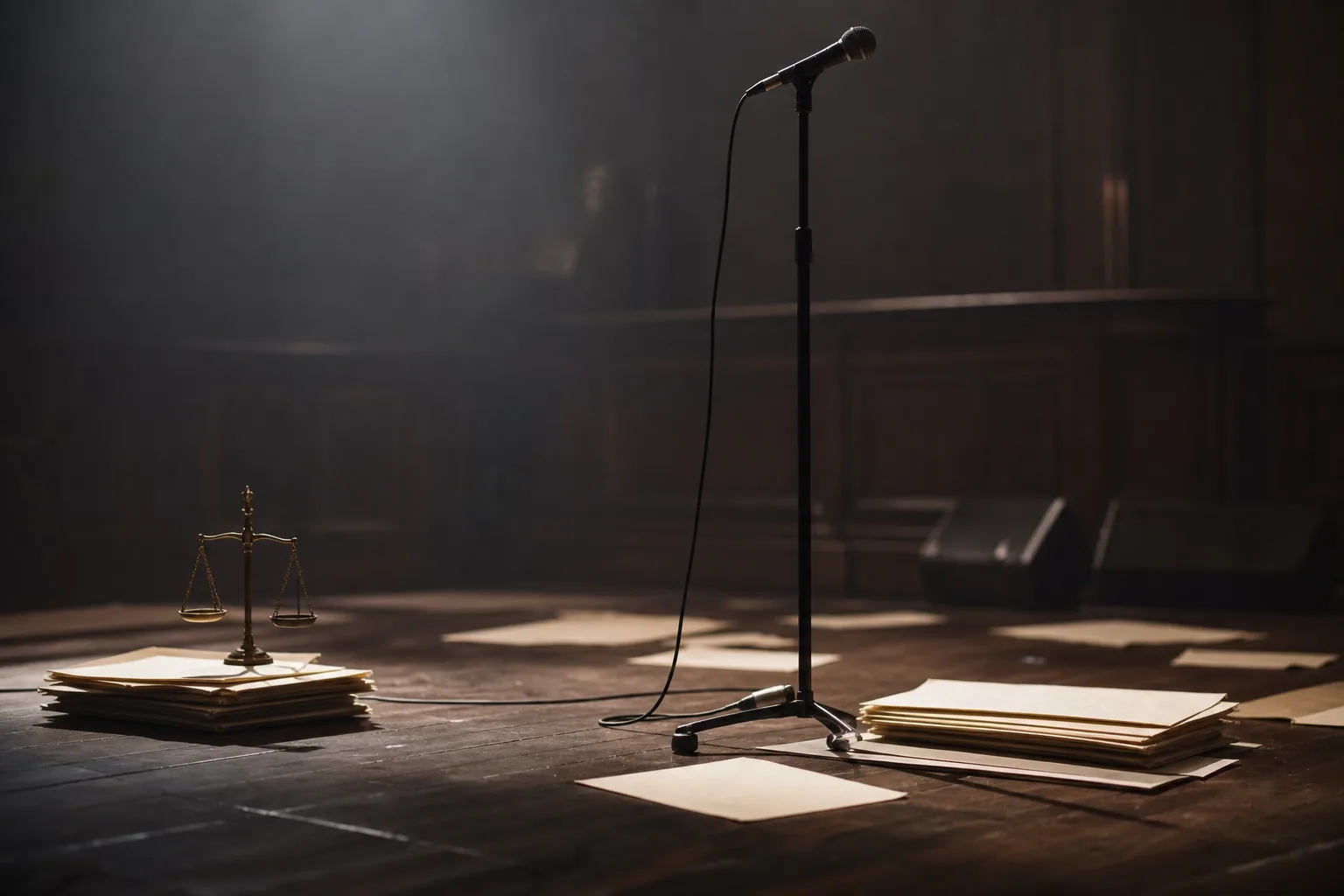 Symbolbild: Ein leeres Bühnenmikrofon und Gerichtsunterlagen stehen für den Konflikt zwischen Musik und Justiz.