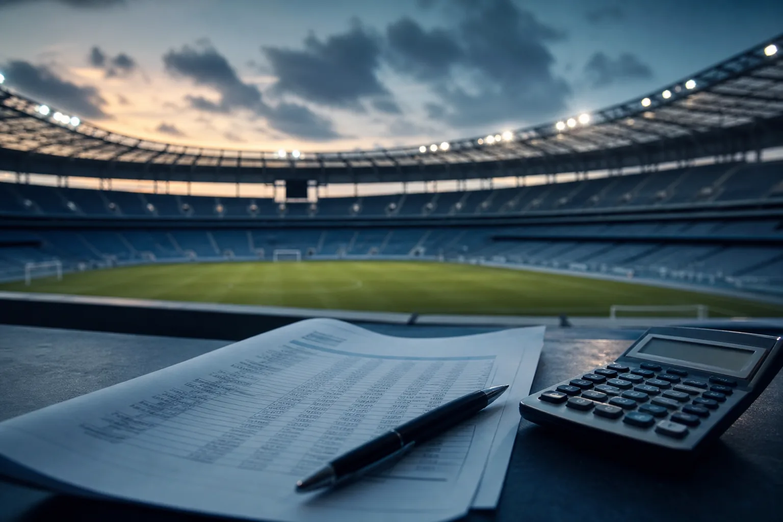 Symbolbild: Ein leeres Fußballstadion und Finanzunterlagen stehen für den Streit um Manchester Citys Finanzregeln.