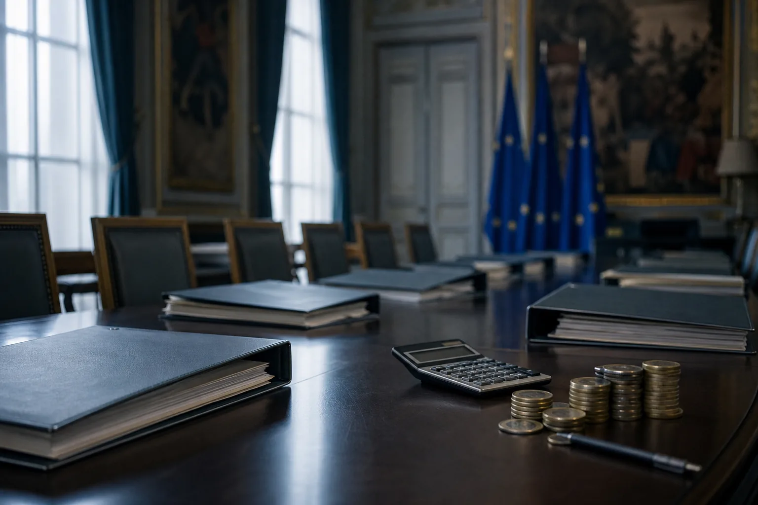 Symbolbild: Ein Verhandlungstisch mit Haushaltsunterlagen steht für den Streit über die EU-Finanzen.