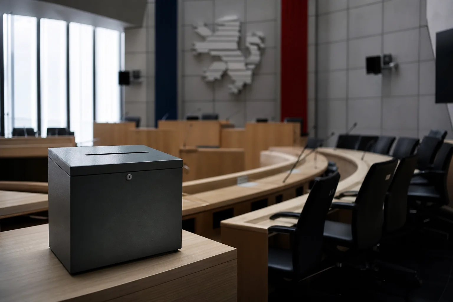 Symbolbild: Ein leerer Plenarsaal mit Wahlurne steht für den Streit um die Abstimmung im Landtag von Sachsen-Anhalt.