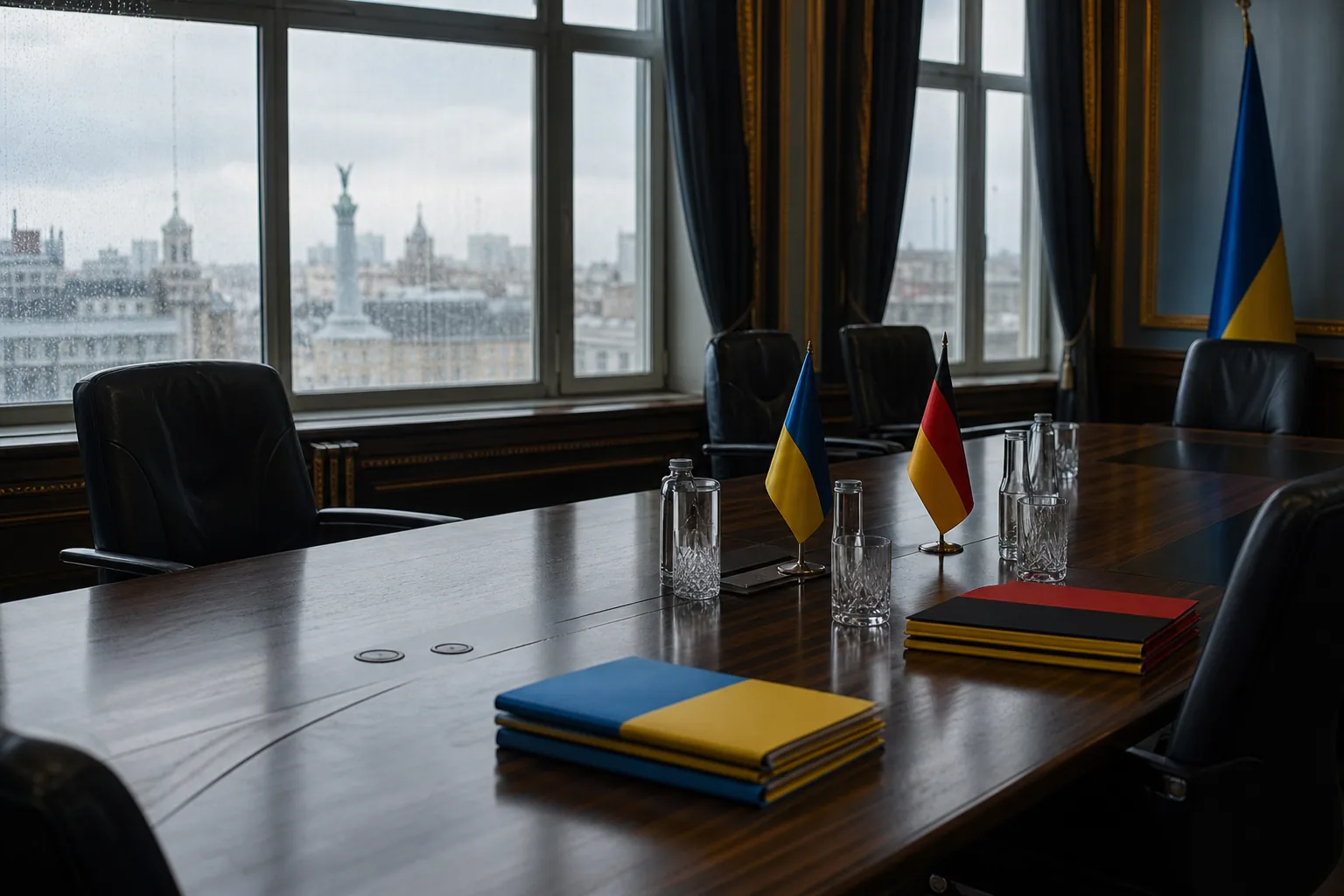 Symbolbild: Ein leerer Besprechungsraum steht für diplomatische Gespräche und deutsche Unterstützung für die Ukraine.